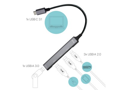 i-tec C31HUBMETALMINI4 USB-C to 1x USB-A 3.0 & 3x USB-A 2.0 Hub - Grey