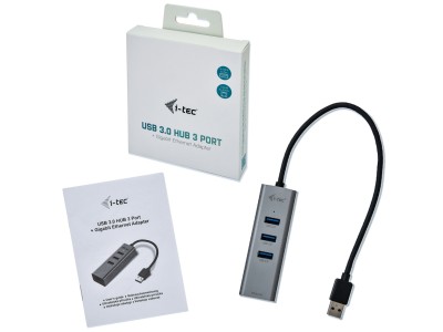 i-tec U3METALG3HUB USB-A to 3x USB-A 3.0 Hub & Gigabit Ethernet - Grey