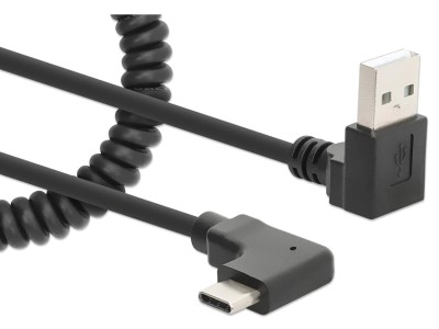 Manhattan 356220 1m Right-Angled USB-C to USB-A Coiled Cable - Black