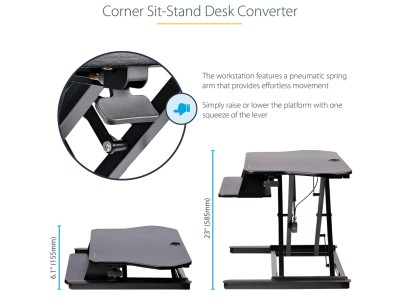StarTech ARMSTSCORNR Sit-Stand Height-Adjustable Corner 90.8x53cm Workstation - Black - Supports Dual Monitors