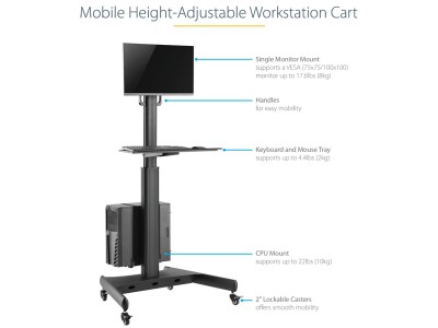 StarTech WKSTNCART Mobile Workstation Desktop Computer Cart - Black - for Screens up to 32" or below 8kg