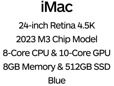 Apple iMac 24" 2023 Retina 4.5K - 8-Core M3 Chip, 10-Core GPU, 8GB Memory, 512GB SSD Storage - Blue / MGTF3B/A