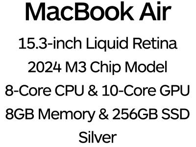 Apple MacBook Air 15" 2024 - 8-Core M3 Chip, 10-Core GPU, 8GB Memory, 256GB SSD Storage - Silver / MRYP3B/A