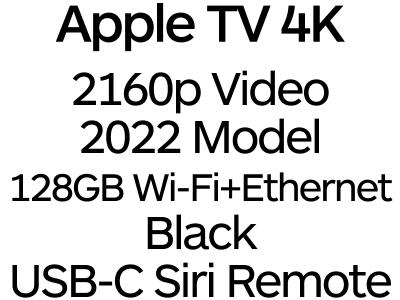 Apple TV 4K 2022 - A15 Bionic Chip, 128GB, Wi-Fi + Ethernet, with Siri Remote - Black / MN893B/A