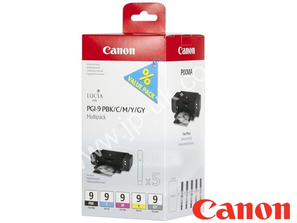 Genuine Canon PGI-9 PK C M Y GY / 1034B011 / 1034B013 Lucia Ink Bundle to fit Pixma Inkjet Printer 