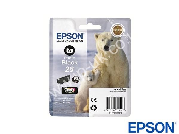 Genuine Epson T26114010 / T2611 Photo Black Ink to fit Expression Premium XP-700 Printer 