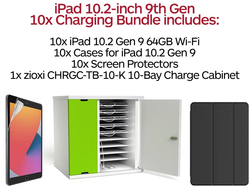 10 x iPad 10.2 9th Gen Charging Bundle with zioxi CHRGC-TB-10-K Charge Cabinet