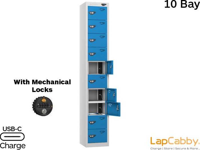 LapCabby 10 Bay Device Charging Locker with Mechanical Lock for iPads, Chromebooks & Laptops AC, USB / USB-C