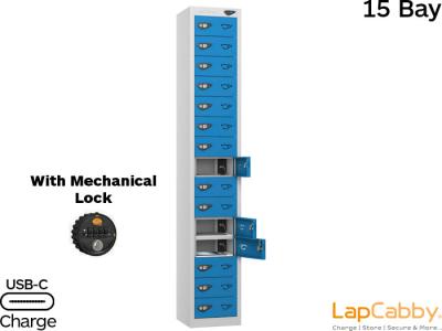 LapCabby 15 Bay Device Charging Locker with Mechanical Lock for iPads, Chromebooks & Laptops AC, USB / USB-C