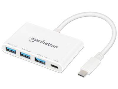 Manhattan 168434 USB-C to 3-Port USB-A 3.2 Gen 1 Hub with USB-C Power Delivery - White