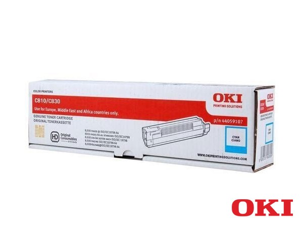 Genuine OKI 44059107 Cyan Toner Cartridge to fit C810 Colour Laser Printer