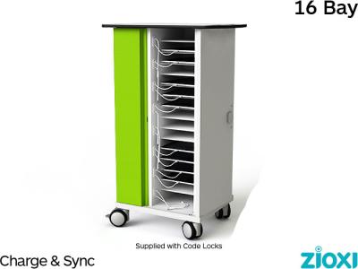 zioxi SYNCT-TB-16-C iPad & Tablet Security Trolley, Store Charge and Sync, 16 Bay - Code Lock